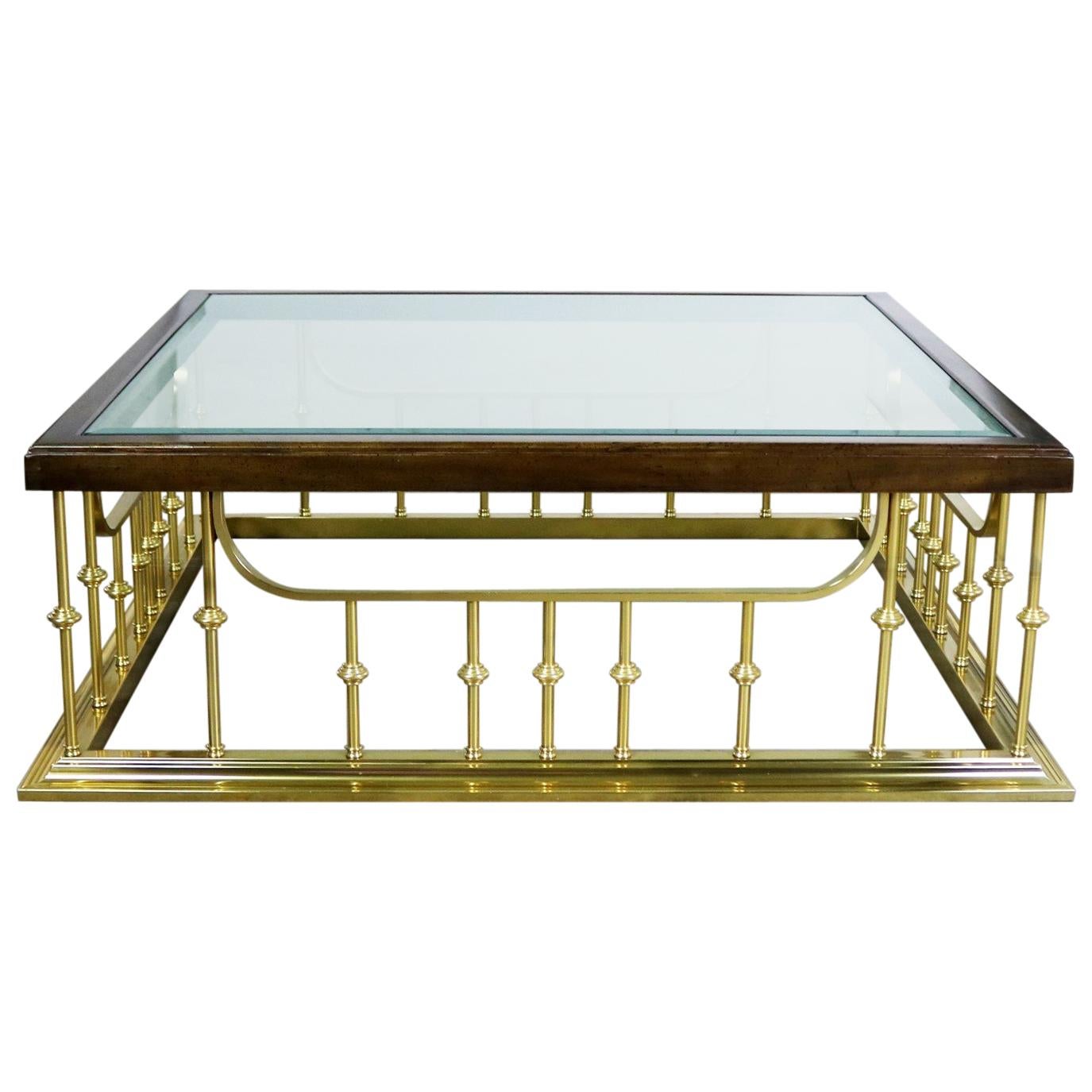 Brass Glass Wood Fireplace Fender Style Erwin Lambeth Large Square Coffee Table