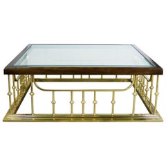 Vintage Brass Glass Wood Fireplace Fender Style Erwin Lambeth Large Square Coffee Table