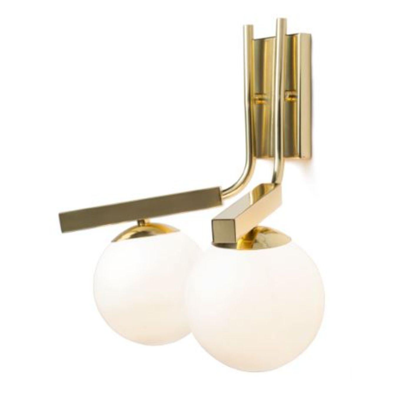 Brass globe wall I lamp by Dooq
Dimensions: W 36 x D 33 x H 41 cm
Materials: lacquered metal, polished or brushed metal, brass.
Also available in different colours and materials.

Information:
230V/50Hz
2 x max. G9
4W LED

120V/60Hz
2 x max. G9
4W