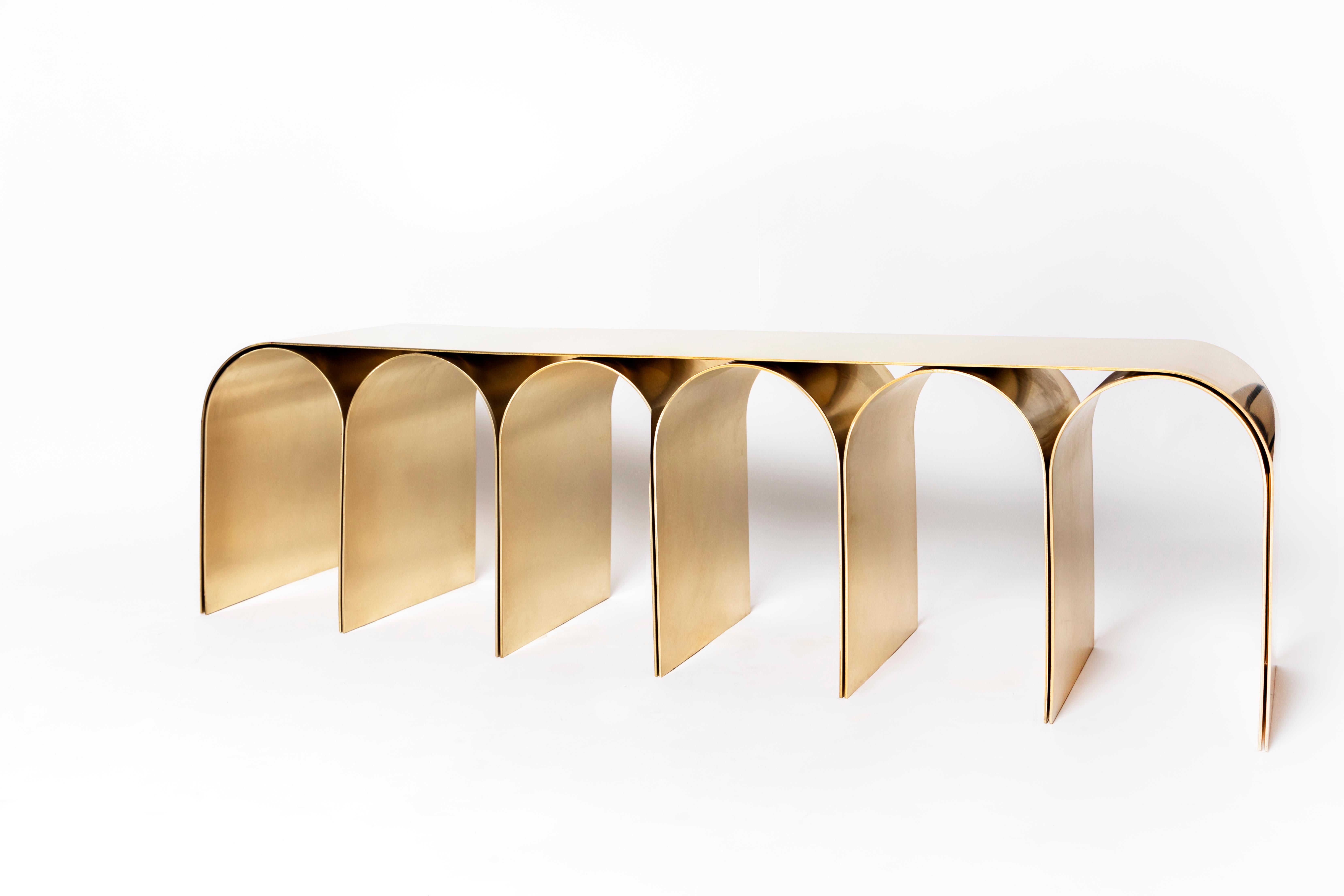 Brass gold arch bench by Pietro Franceschini
Sold exclusively by Galerie Philia
Materials: Brass
Finishes available: Natural, satin, polished, aged
Dimensions: W 155 x L 33 x 43cm
Manufacturer: Prinzivalli

Available finishes:
Steel (black,