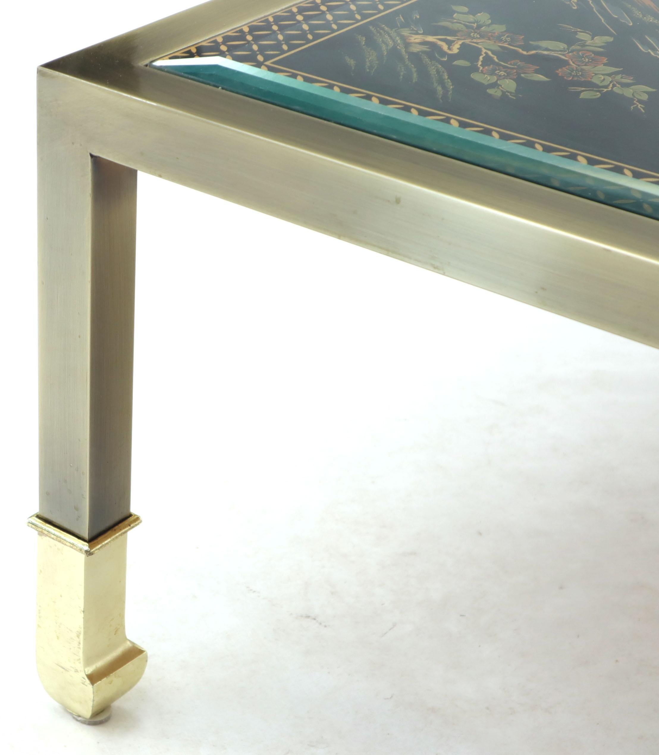 Brass and Gold Decorated Reverse Painted Glass Top Square Coffee Table 4