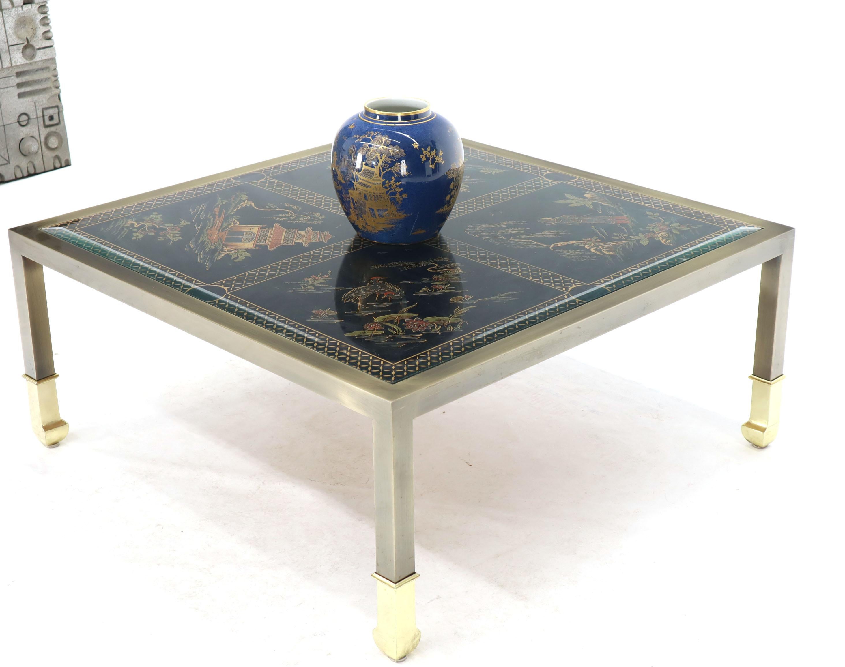 Brass and Gold Decorated Reverse Painted Glass Top Square Coffee Table 5