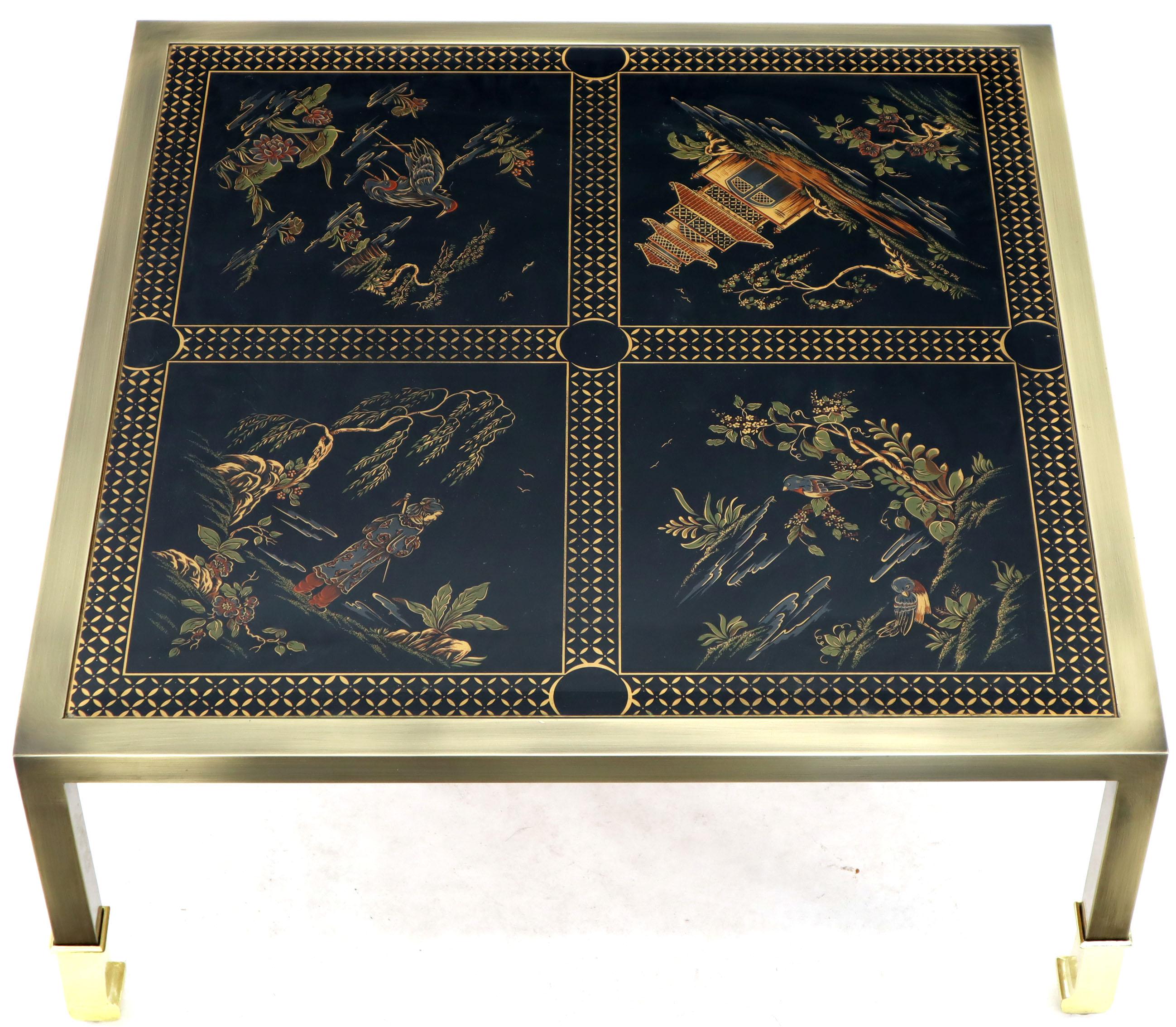 Mid-Century Modern Brass and Gold Decorated Reverse Painted Glass Top Square Coffee Table