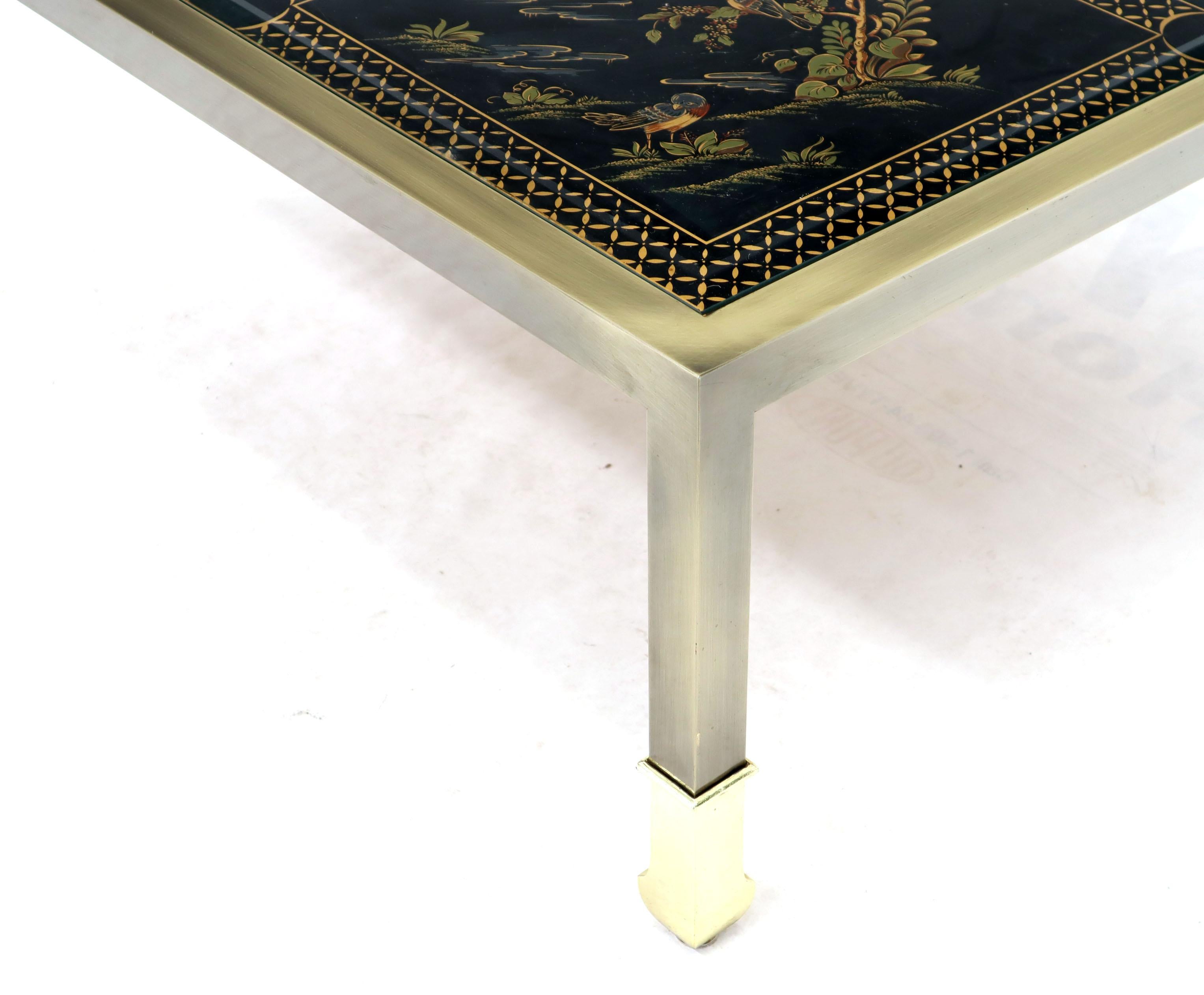 American Brass and Gold Decorated Reverse Painted Glass Top Square Coffee Table