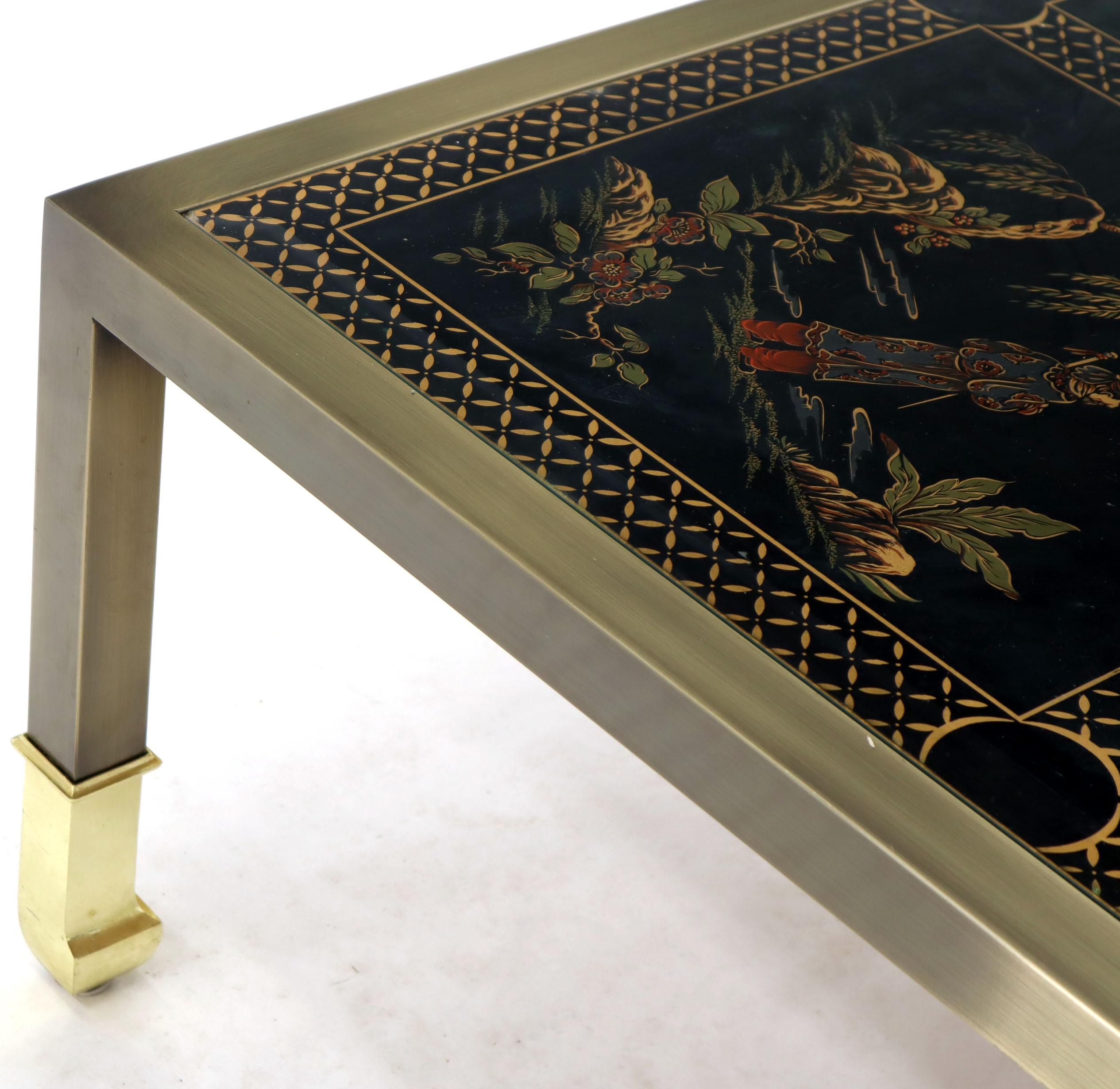 Brass and Gold Decorated Reverse Painted Glass Top Square Coffee Table In Good Condition In Rockaway, NJ