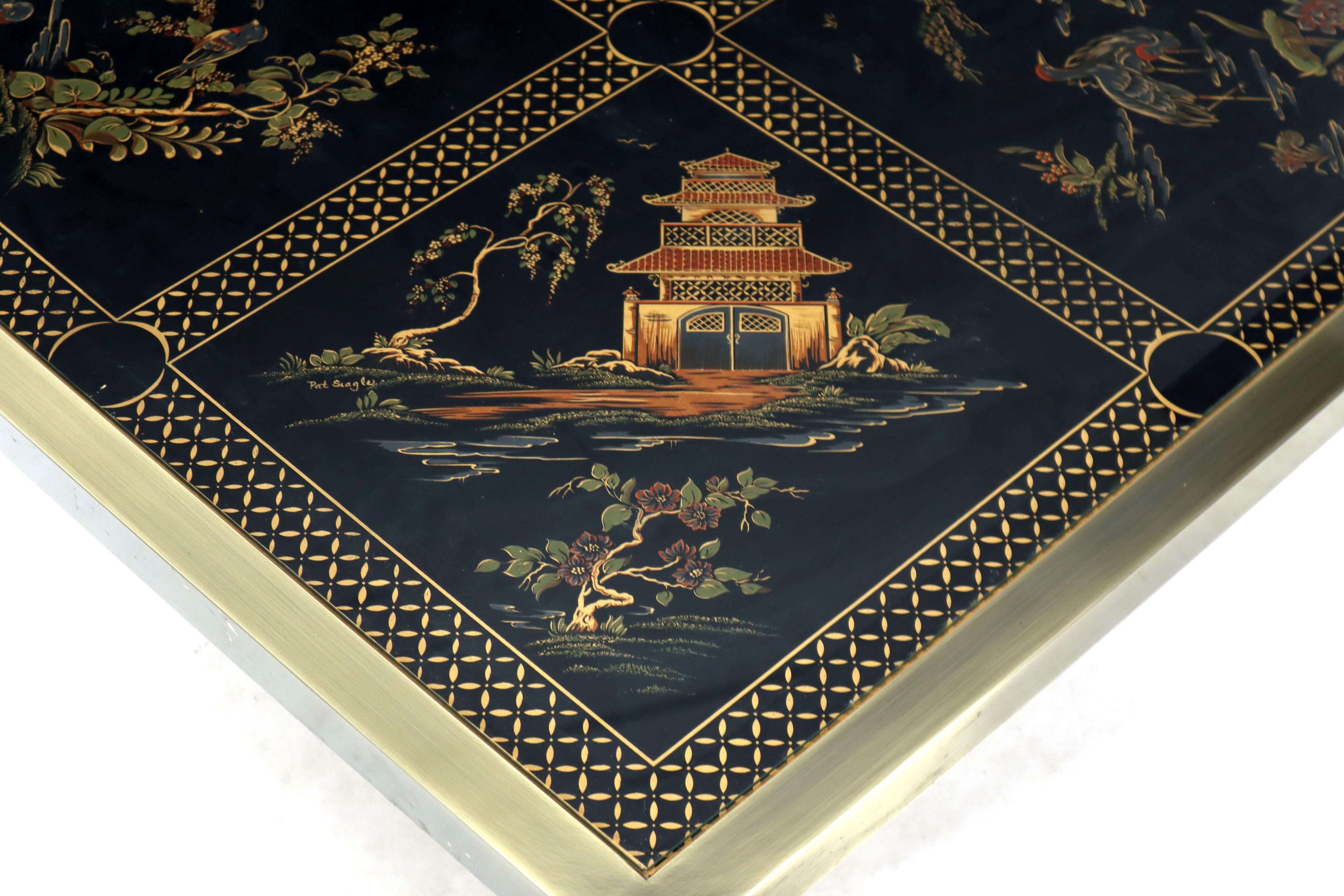 Brass and Gold Decorated Reverse Painted Glass Top Square Coffee Table 2