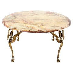 Brass Gold Round Table with Marble Top, France, circa 1940s