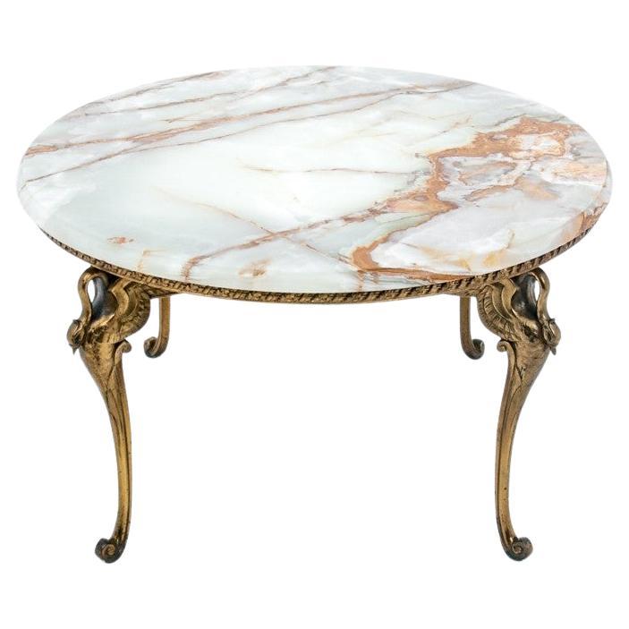 Brass Gold Round Table with Onyx Top, France, circa 1940s