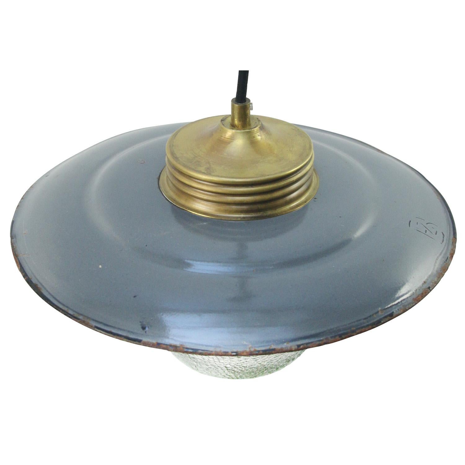 Gray enamel industrial hanging lamp.
Frosted glass with brass top.

Weight: 2.40 kg / 5.3 lb

Priced per individual item. All lamps have been made suitable by international standards for incandescent light bulbs, energy-efficient and LED bulbs.