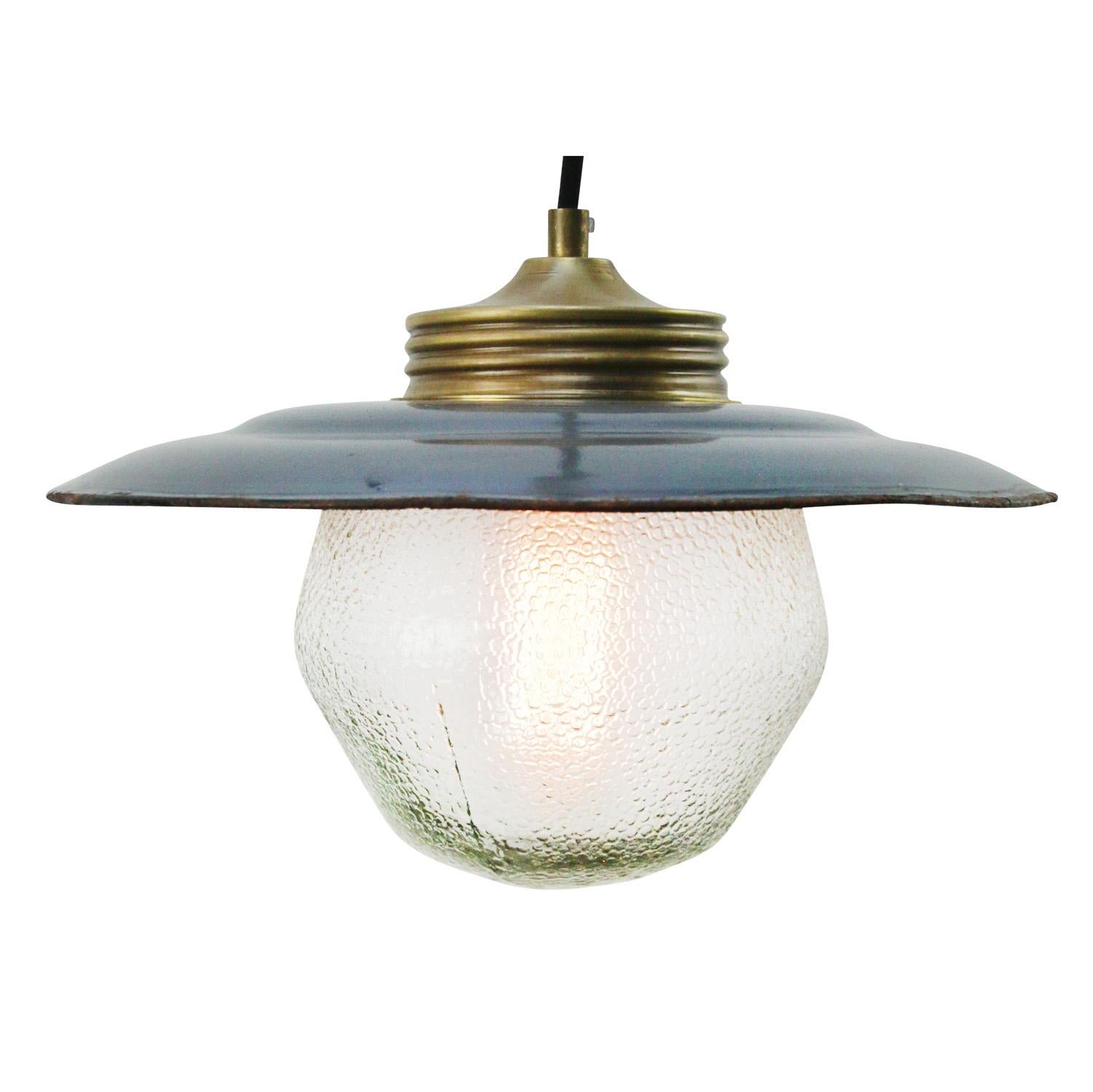 Industrial Brass Gray Enamel Vintage Frosted Glass Pendant Light For Sale
