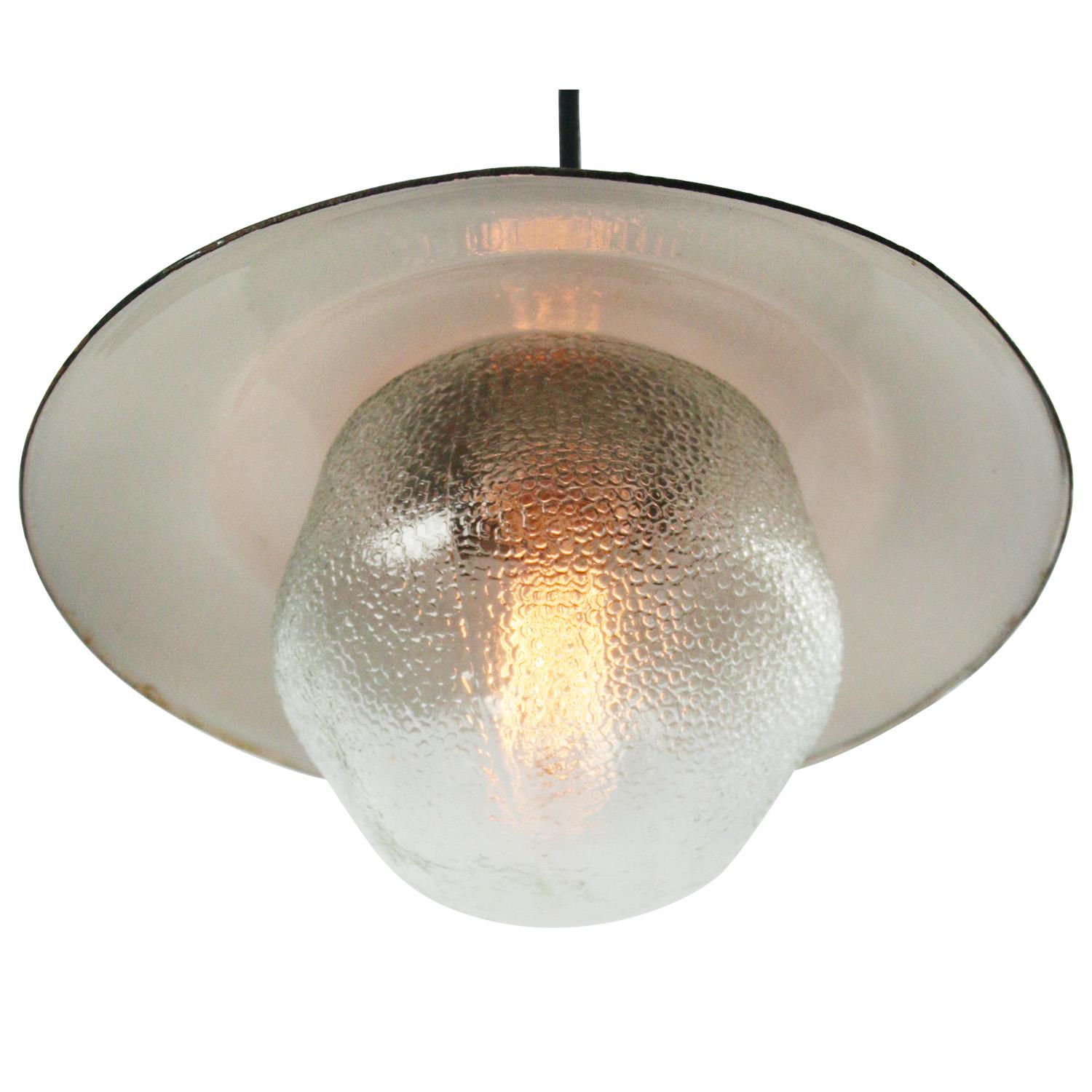 Hungarian Brass Gray Enamel Vintage Frosted Glass Pendant Light For Sale