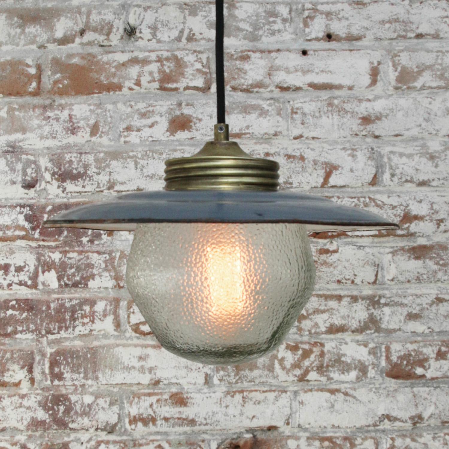 20th Century Brass Gray Enamel Vintage Frosted Glass Pendant Light For Sale