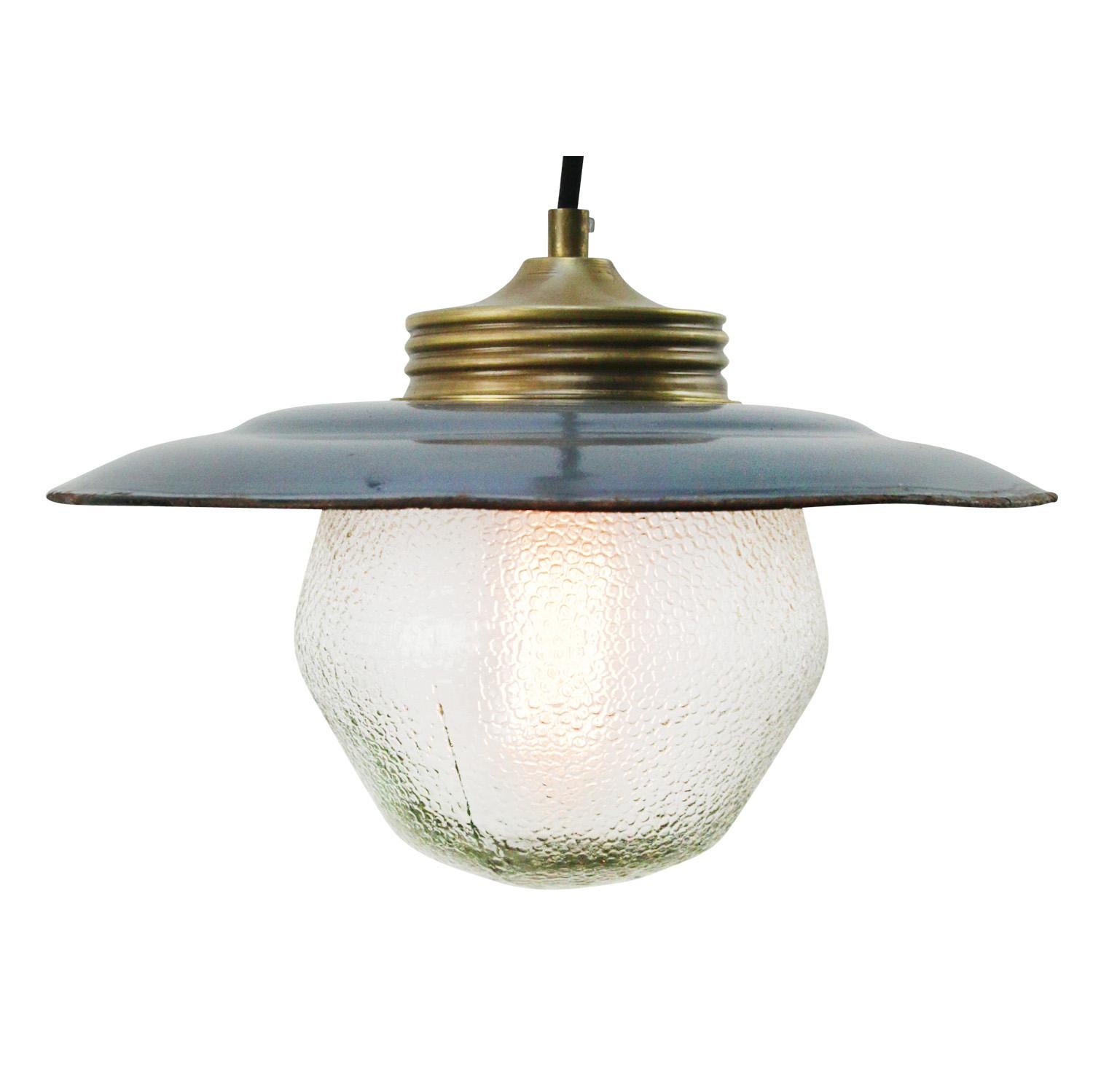 Brass Gray Enamel Vintage Frosted Glass Pendant Light