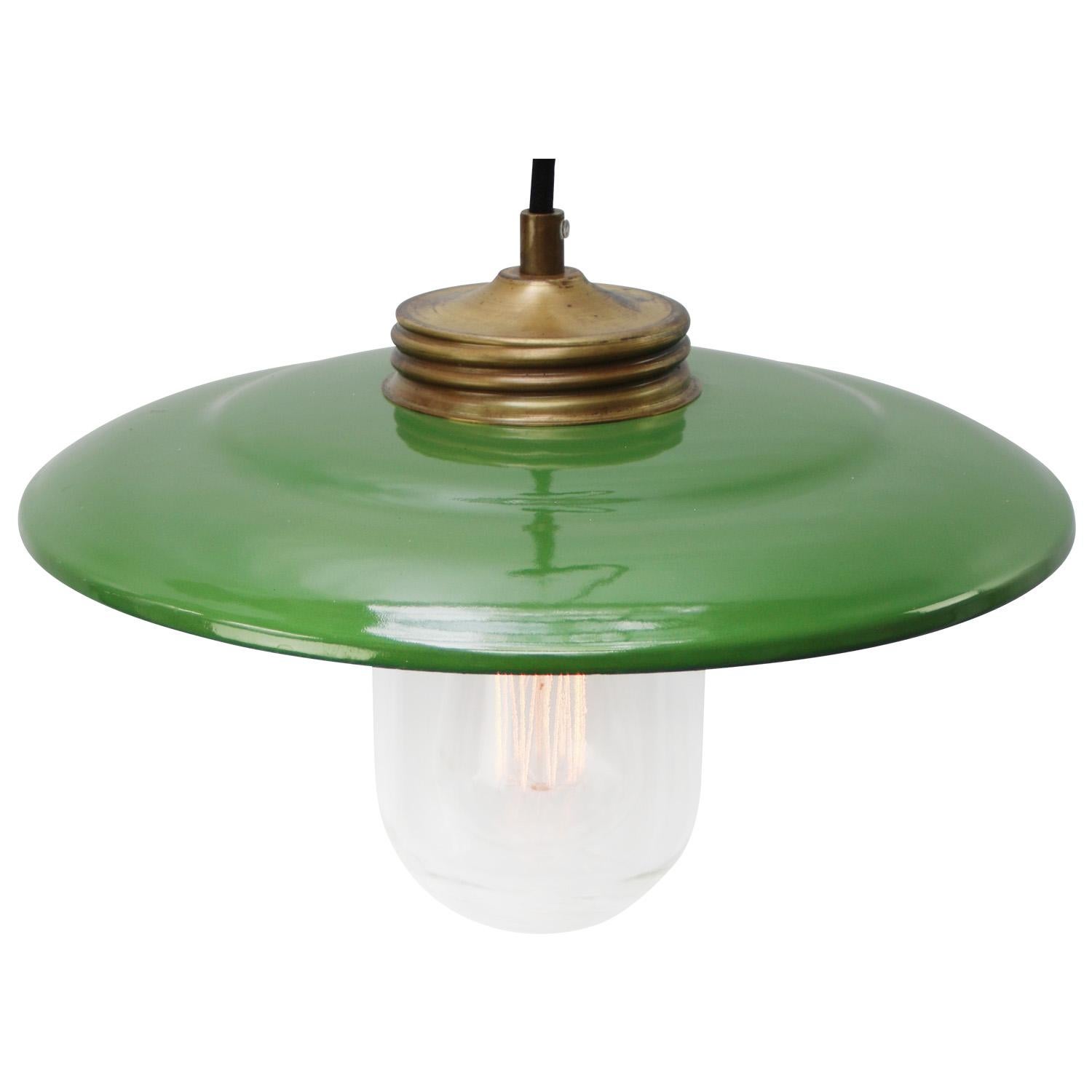Green enamel Industrial hanging lamp.
Clear glass with brass top.
Weight: 1.30 kg / 2.9 lb
Priced per individual item. All lamps have been made suitable by international standards for incandescent light bulbs, energy-efficient and LED bulbs.