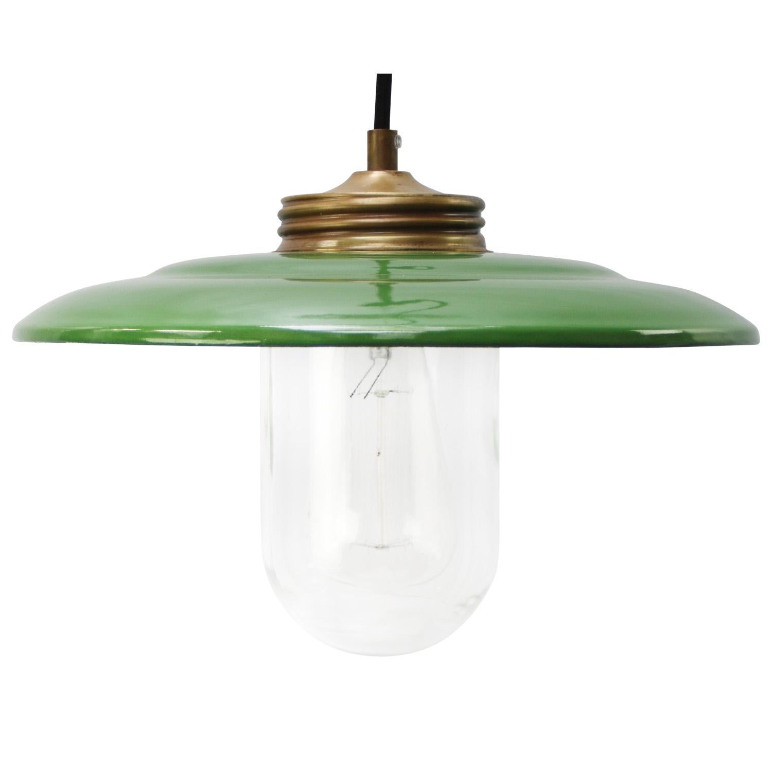 Industrial Brass Green Enamel Vintage Clear Glass Pendant Lights For Sale