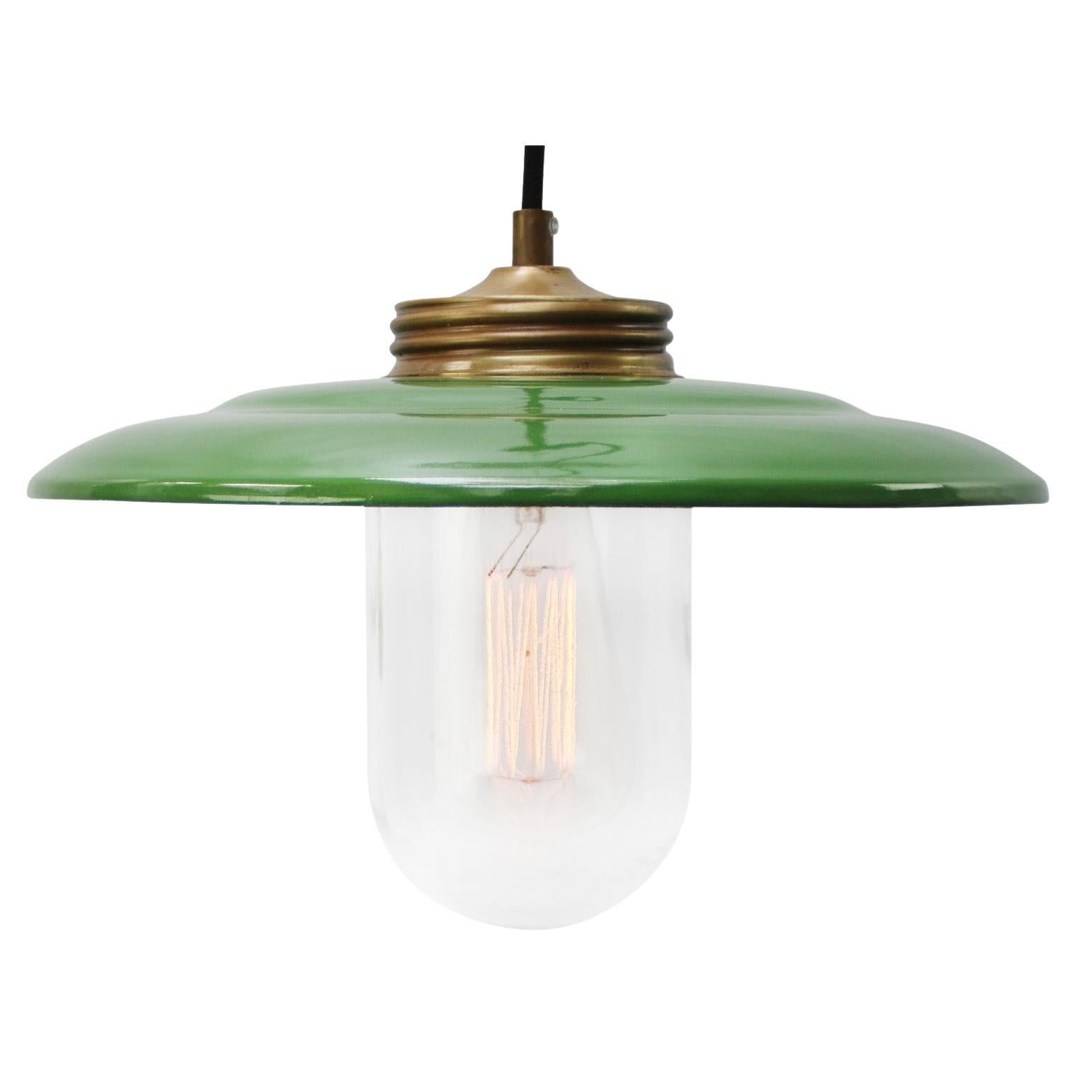 Brass Green Enamel Vintage Clear Glass Pendant Lights For Sale