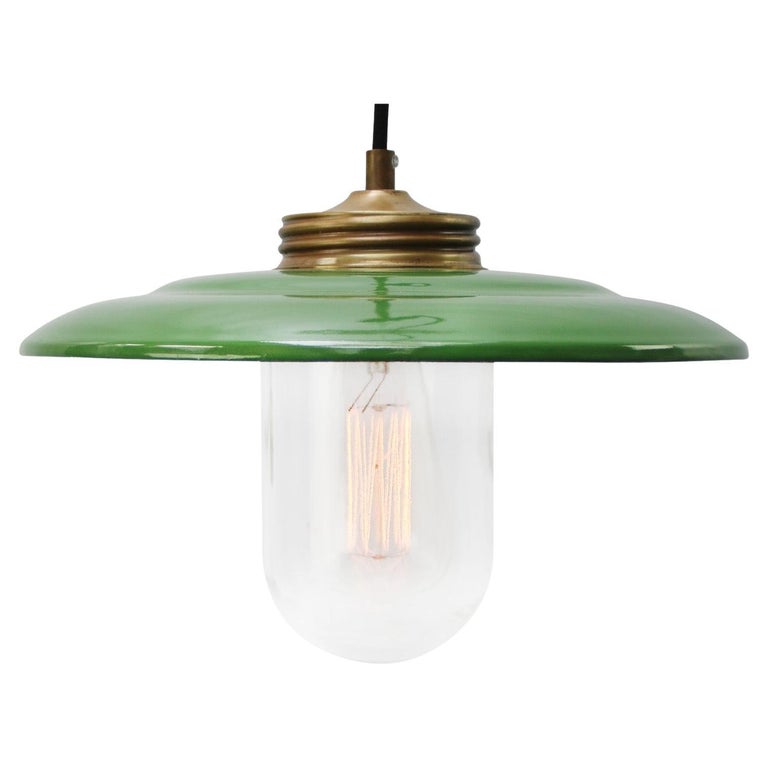 Brass Green Enamel Vintage Clear Glass Pendant Lights For Sale at 1stDibs