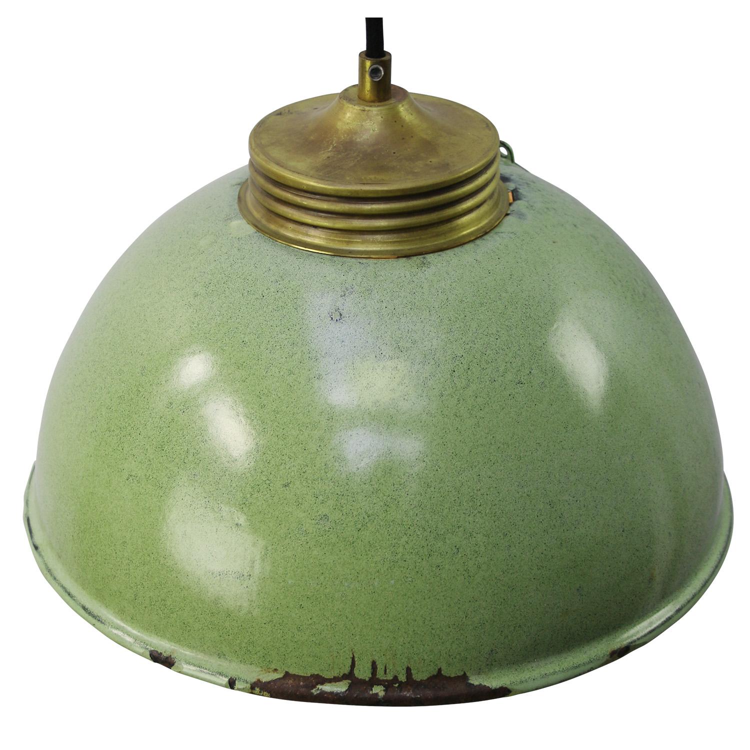 Industrial Brass Green Enamel Vintage Frosted Glass Pendant Lights For Sale