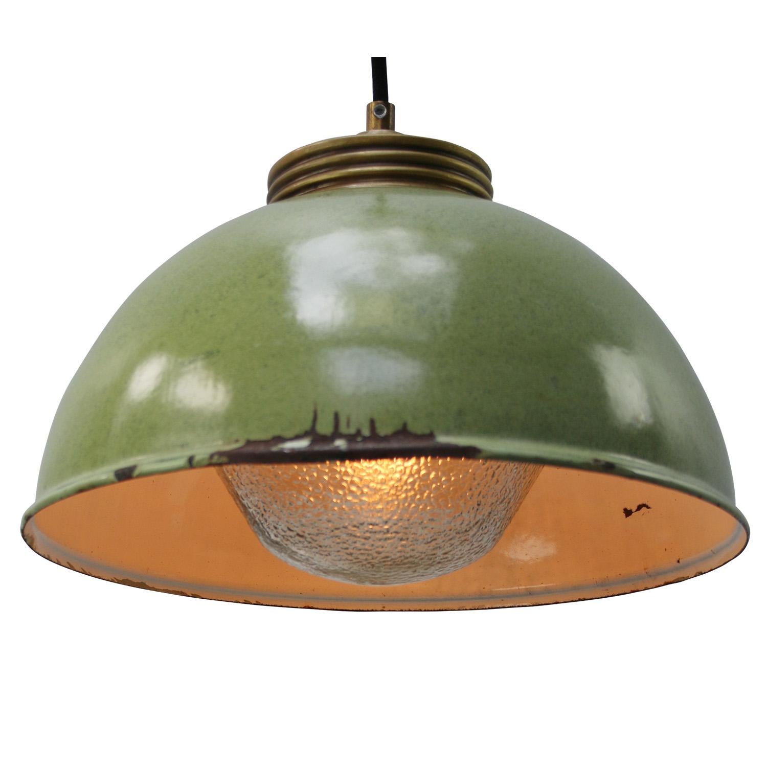 Hungarian Brass Green Enamel Vintage Frosted Glass Pendant Lights For Sale