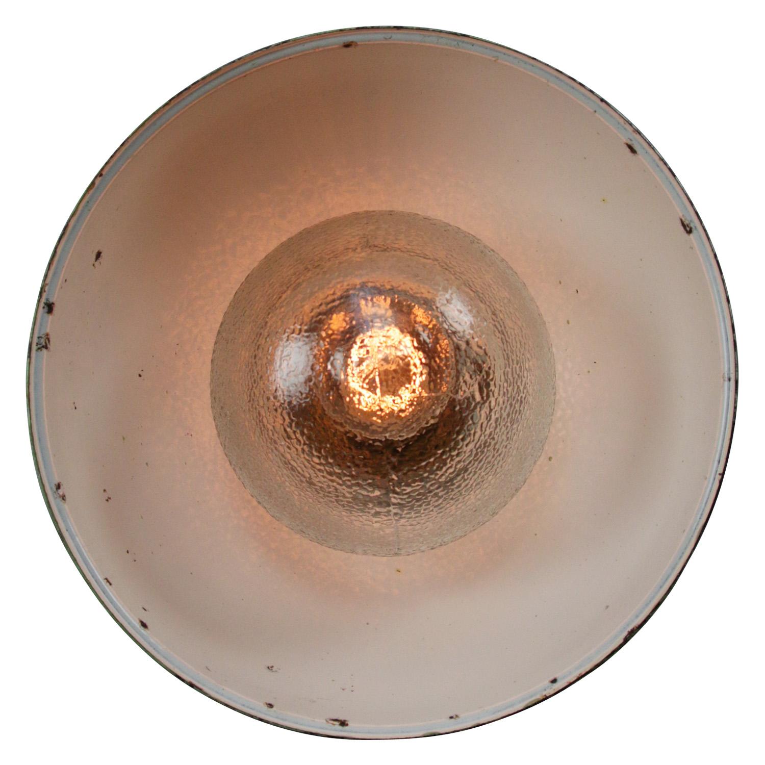 Brass Green Enamel Vintage Frosted Glass Pendant Lights In Good Condition For Sale In Amsterdam, NL