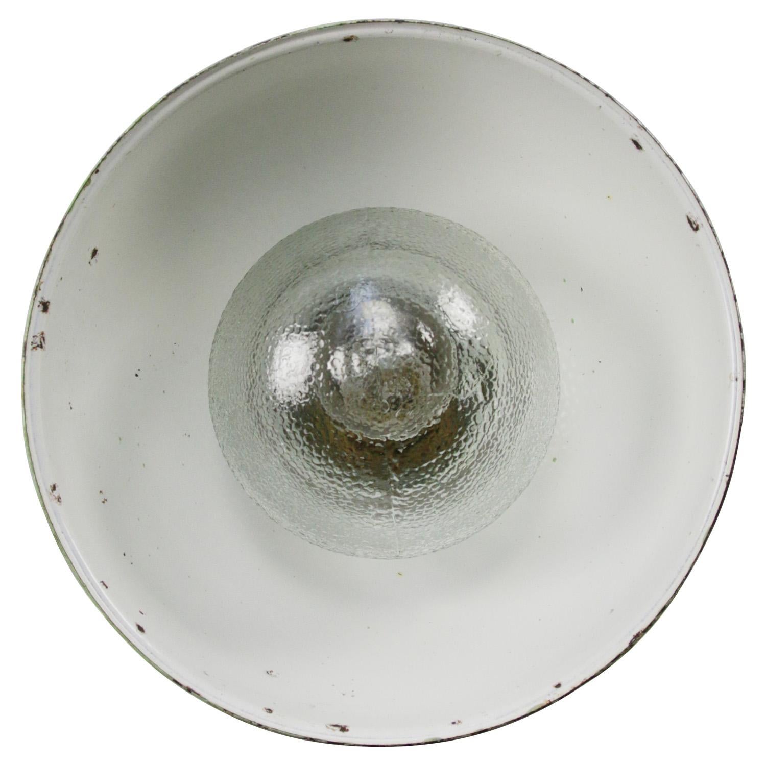 20th Century Brass Green Enamel Vintage Frosted Glass Pendant Lights For Sale