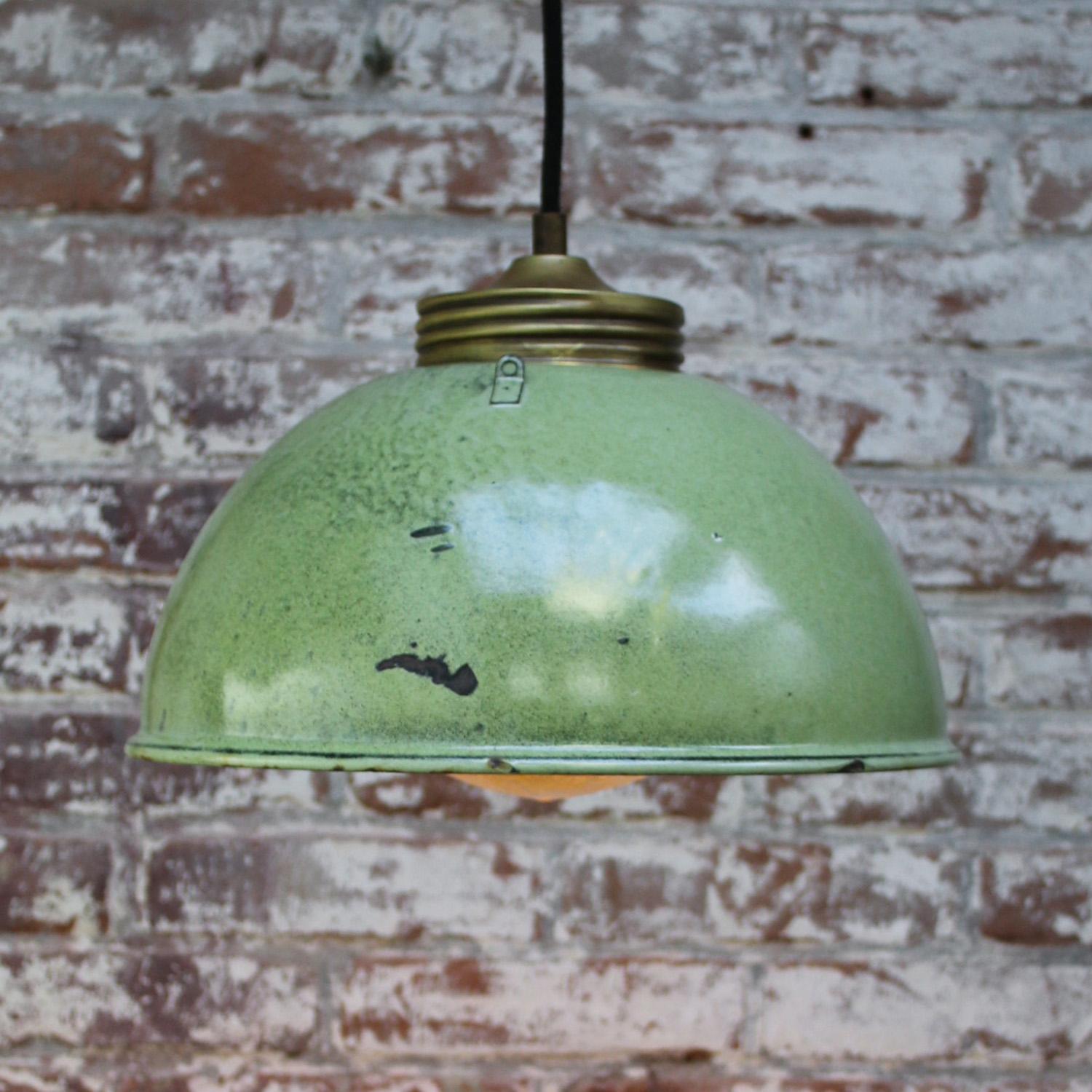 Brass Green Enamel Vintage Frosted Glass Pendant Lights For Sale 1
