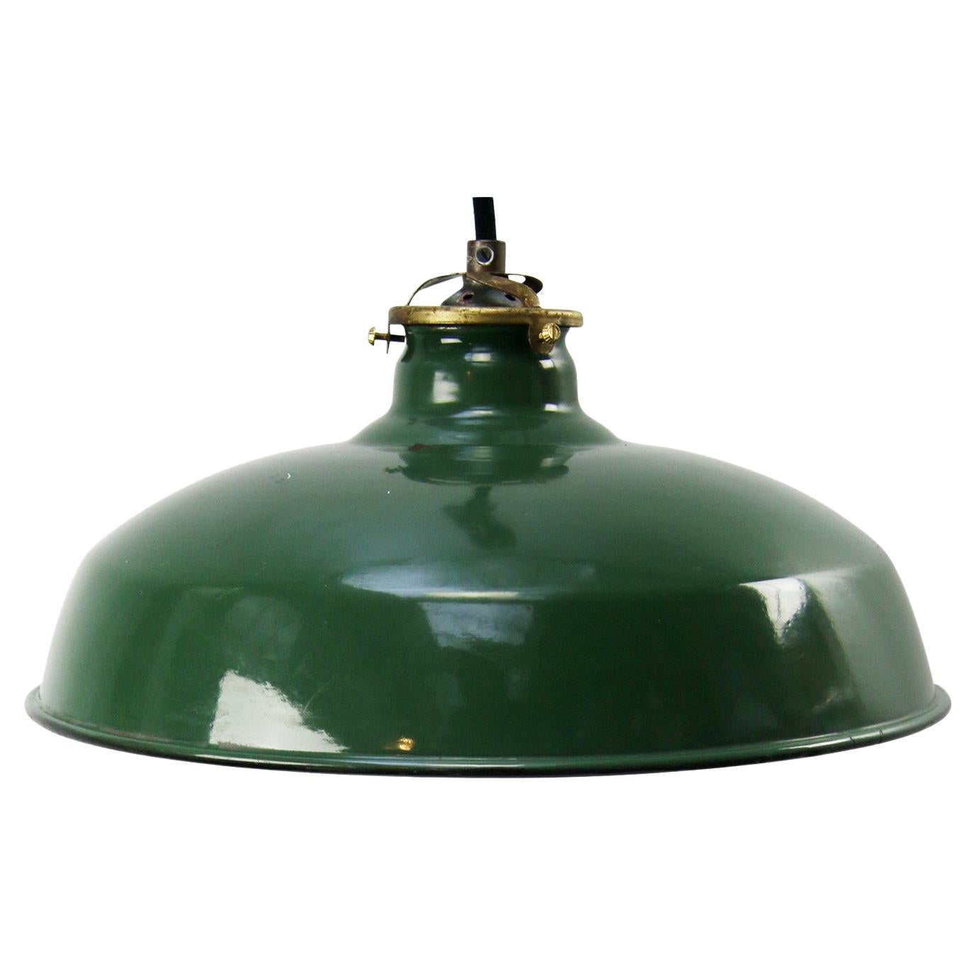 Brass Green Enamel Vintage Industrial Pendant Light For Sale