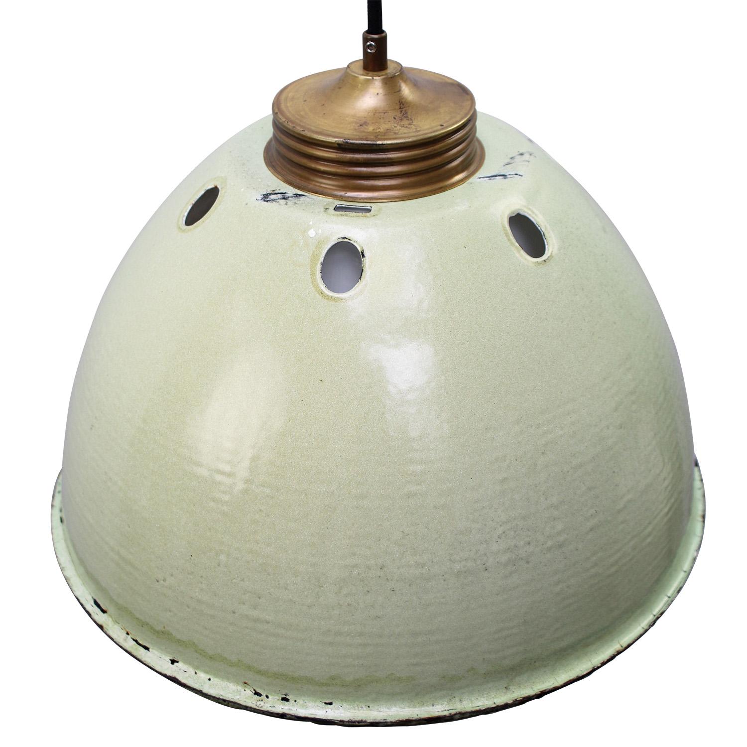 Vintage industrial pendant made of green enamel with brass top.
White interior and opaline glass

Weight: 3.00 kg / 6.6 lb

Priced per individual item. All lamps have been made suitable by international standards for incandescent light bulbs,