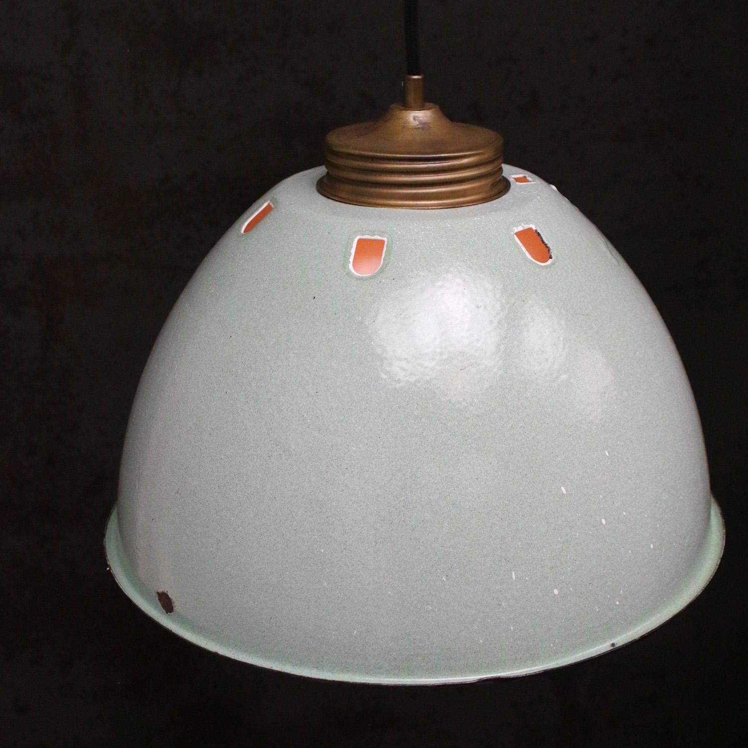 Vintage industrial pendant made of green enamel with brass top.
White interior and opaline glass

Weight: 3.00 kg / 6.6 lb

Priced per individual item. All lamps have been made suitable by international standards for incandescent light bulbs,