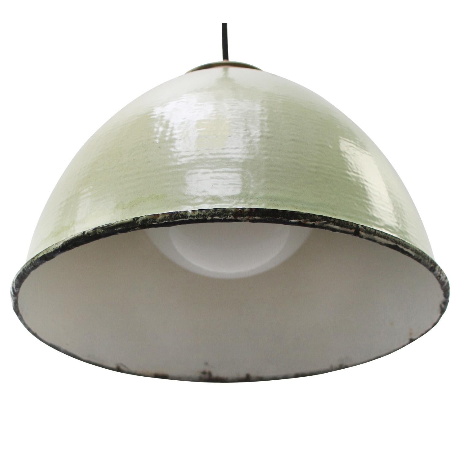 Industrial Brass Green Enamel Vintage Opaline Glass Pendant Lights For Sale