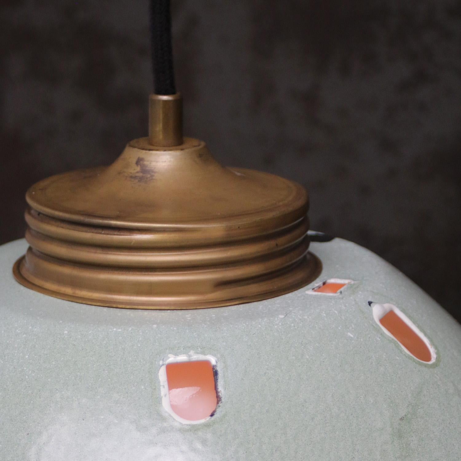 Industrial Brass Green Enamel Vintage Opaline Glass Pendant Lights For Sale