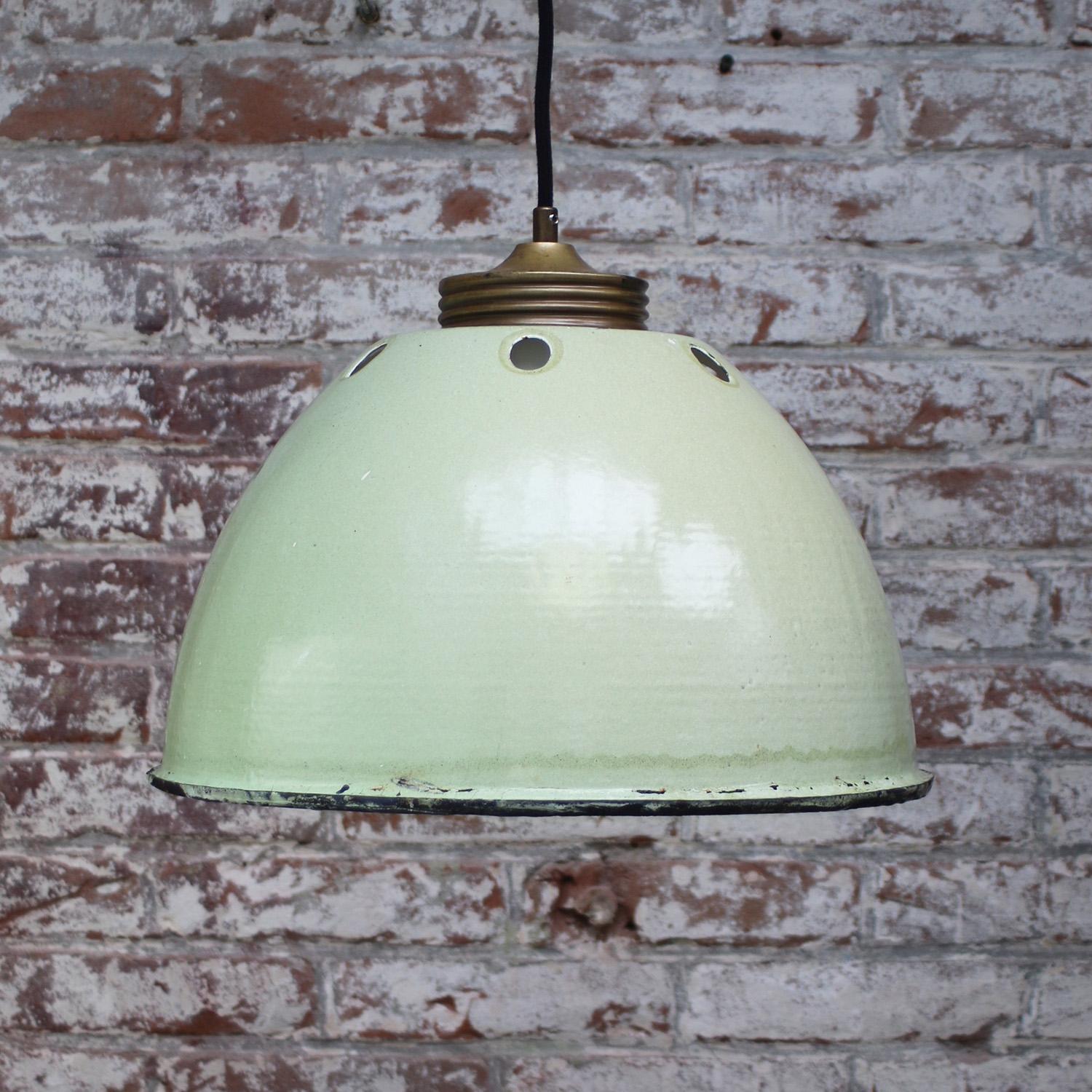 Brass Green Enamel Vintage Opaline Glass Pendant Lights In Good Condition For Sale In Amsterdam, NL