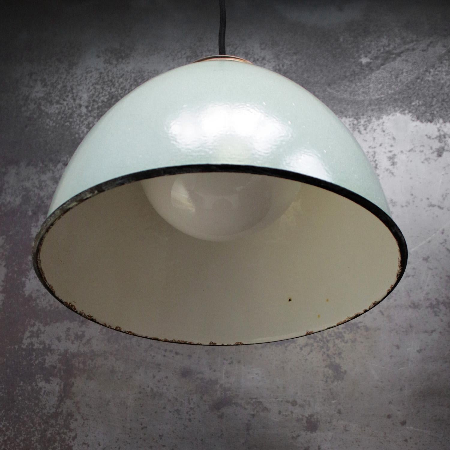 Brass Green Enamel Vintage Opaline Glass Pendant Lights In Good Condition For Sale In Amsterdam, NL