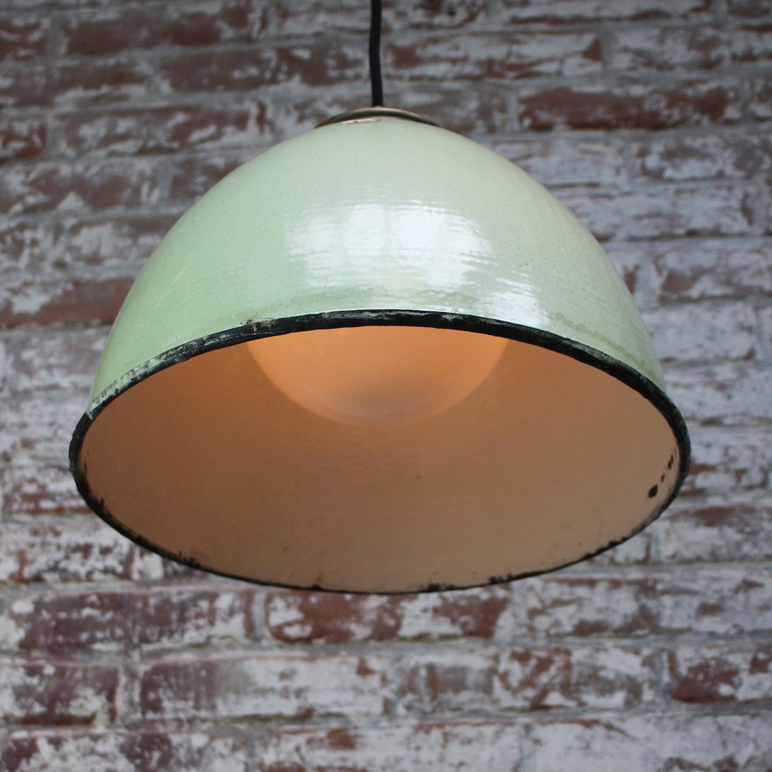 20th Century Brass Green Enamel Vintage Opaline Glass Pendant Lights For Sale