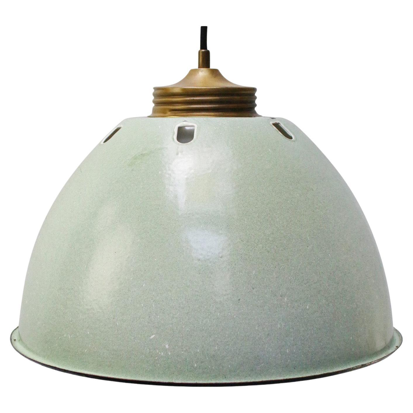 Brass Green Enamel Vintage Opaline Glass Pendant Lights For Sale