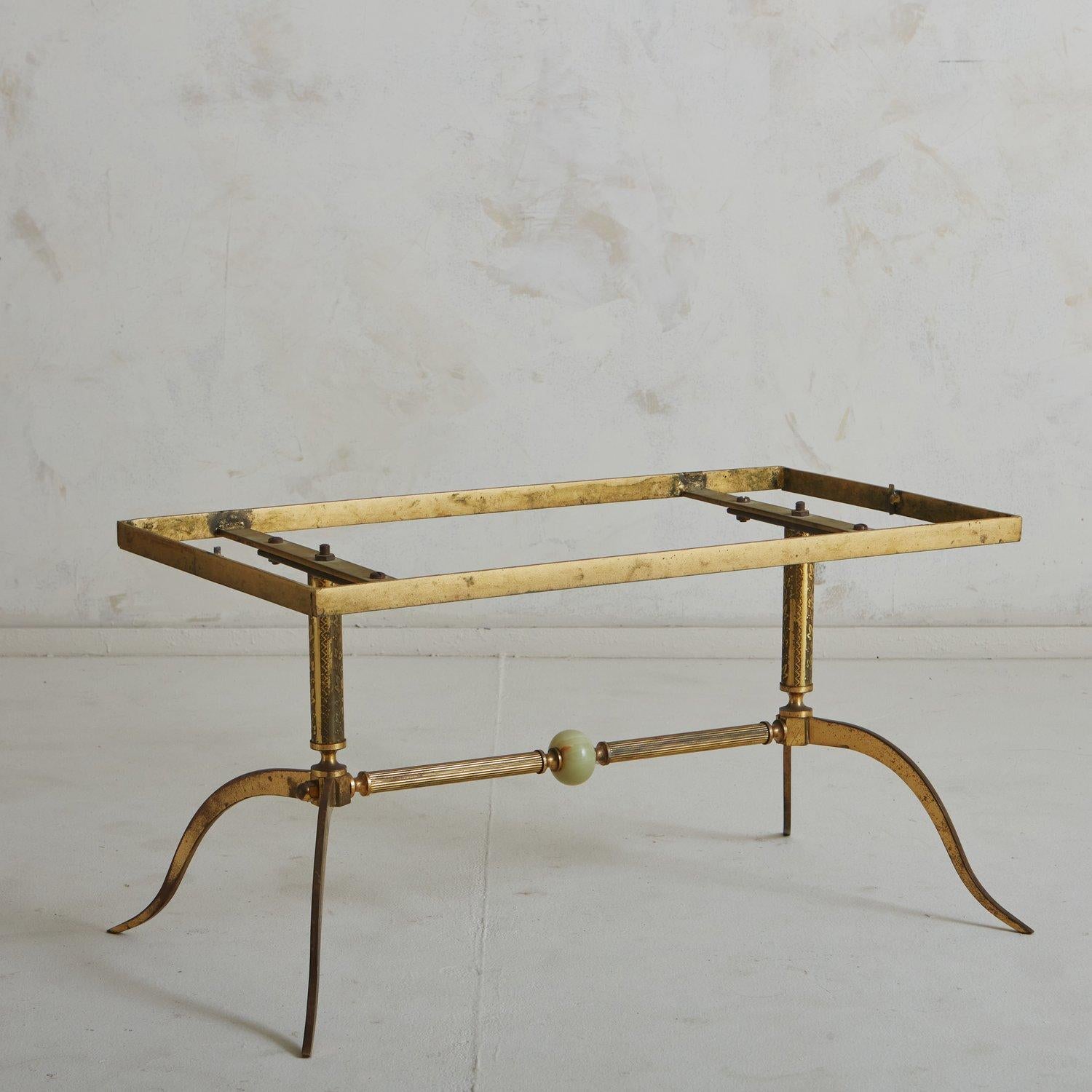 Brass + Green Marble Top Coffee Table, France, 1940s 6