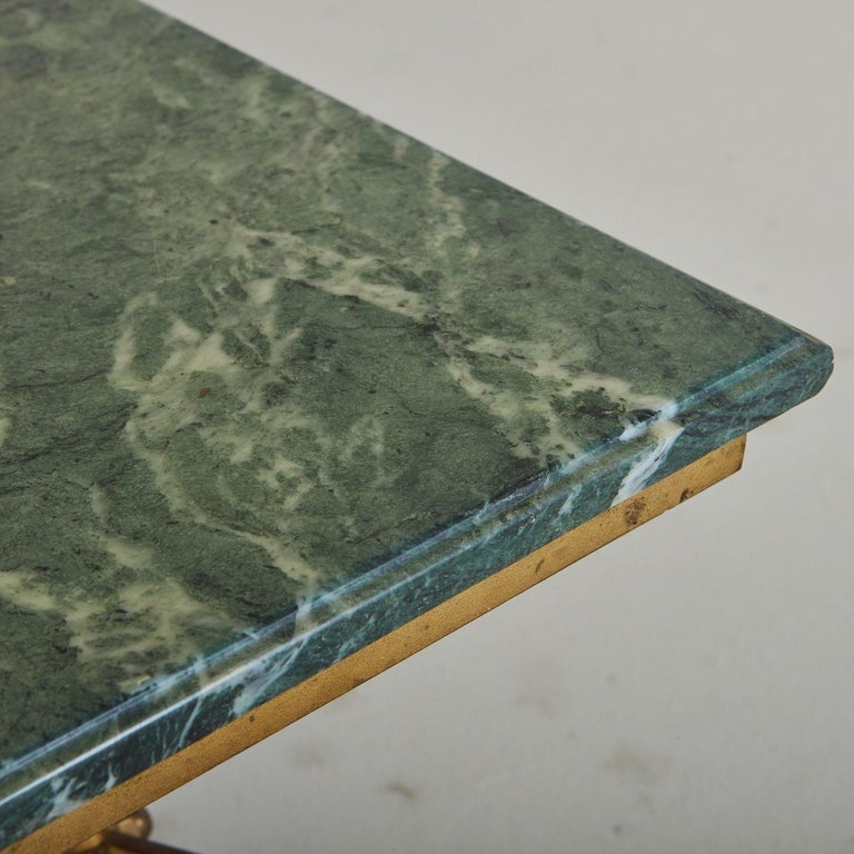 Mid-Century Modern Brass + Green Marble Top Coffee Table, France, 1940s For Sale