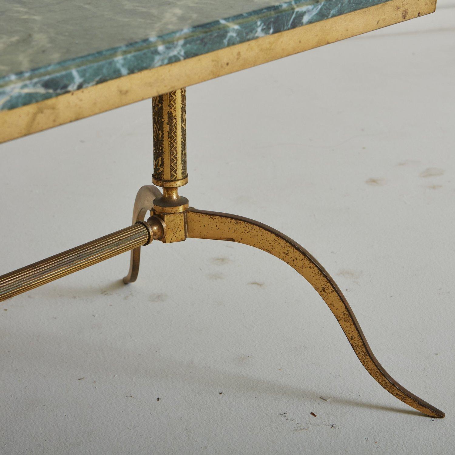 French Brass + Green Marble Top Coffee Table, France, 1940s