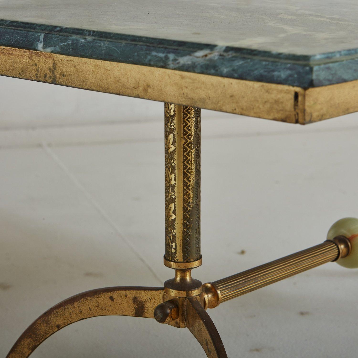 Brass + Green Marble Top Coffee Table, France, 1940s In Good Condition In Chicago, IL