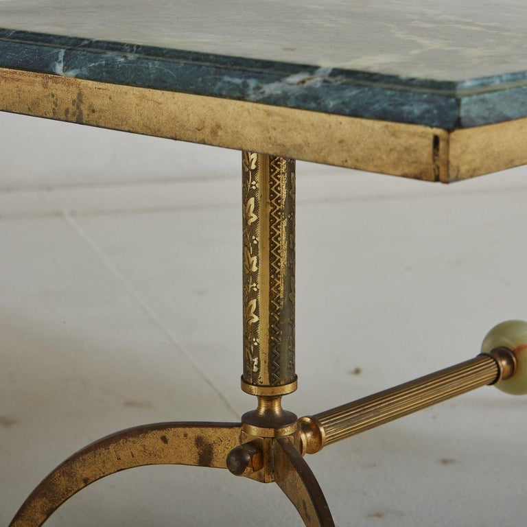 Brass + Green Marble Top Coffee Table, France, 1940s In Good Condition For Sale In Chicago, IL
