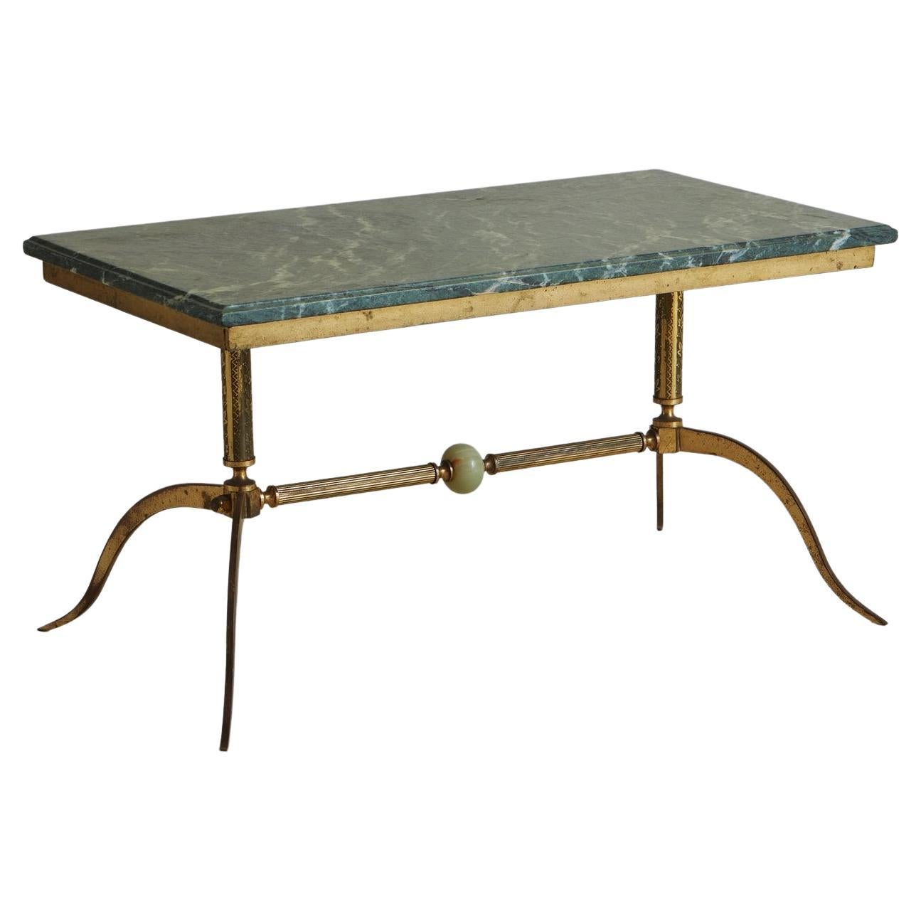 Brass + Green Marble Top Coffee Table, France, 1940s