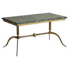 Brass + Green Marble Top Coffee Table, France, 1940s