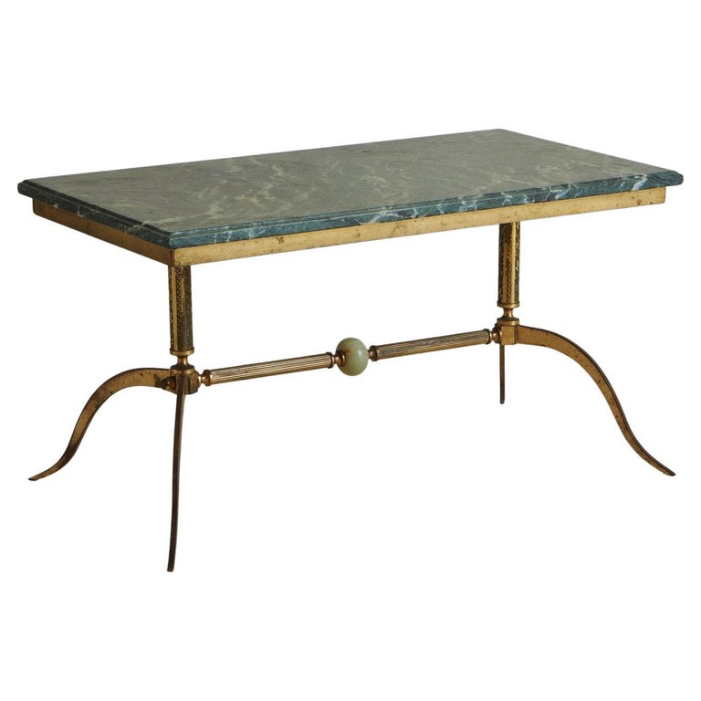 Brass + Green Marble Top Coffee Table, France, 1940s For Sale