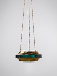 Suspension en laiton, acrylique vert et blanc, créée par Kai Ruokonen pour LYNX, Finlande, années 1970