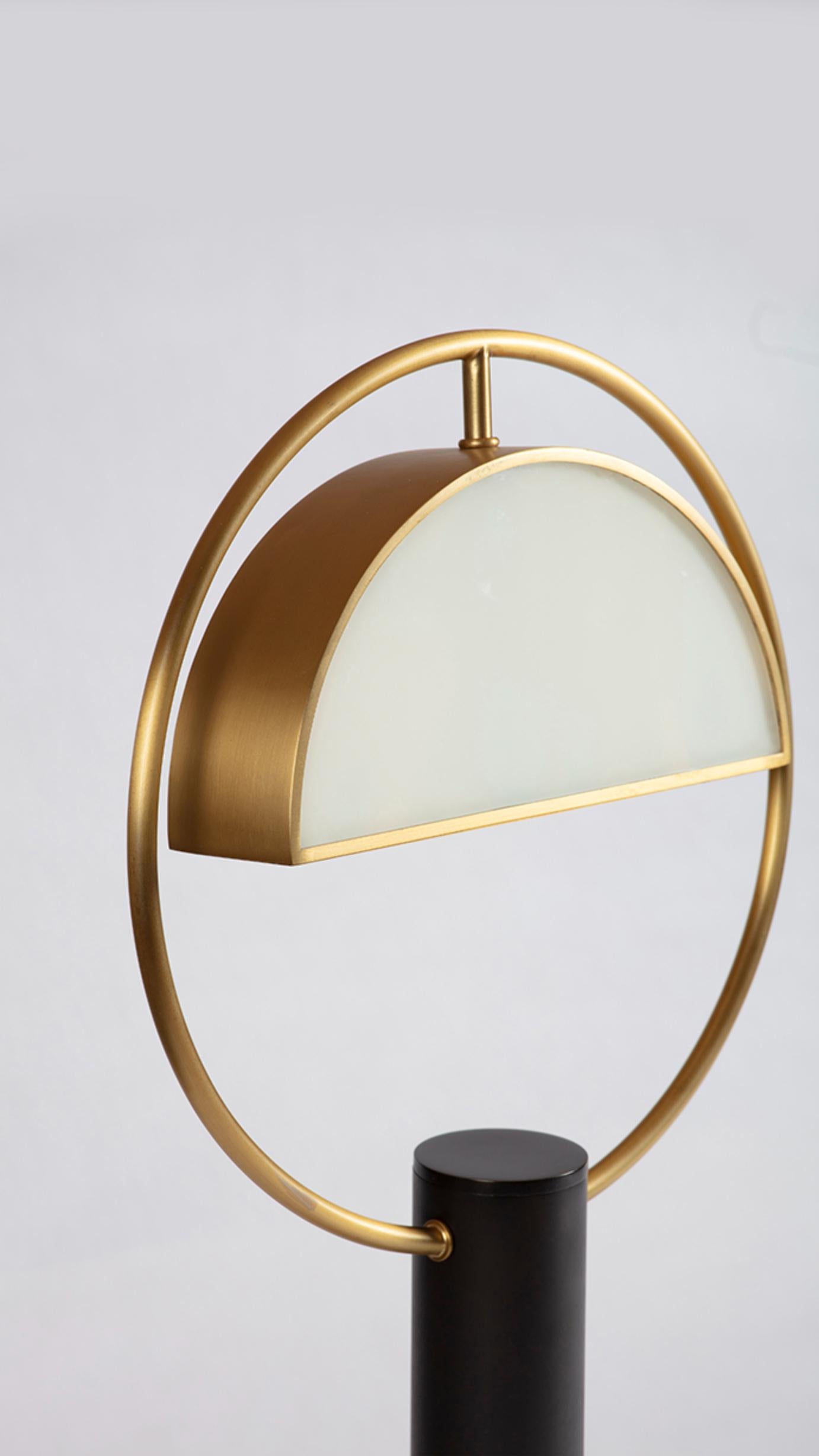 British Brass Half in Circle Table Lamp by Square in Circle For Sale