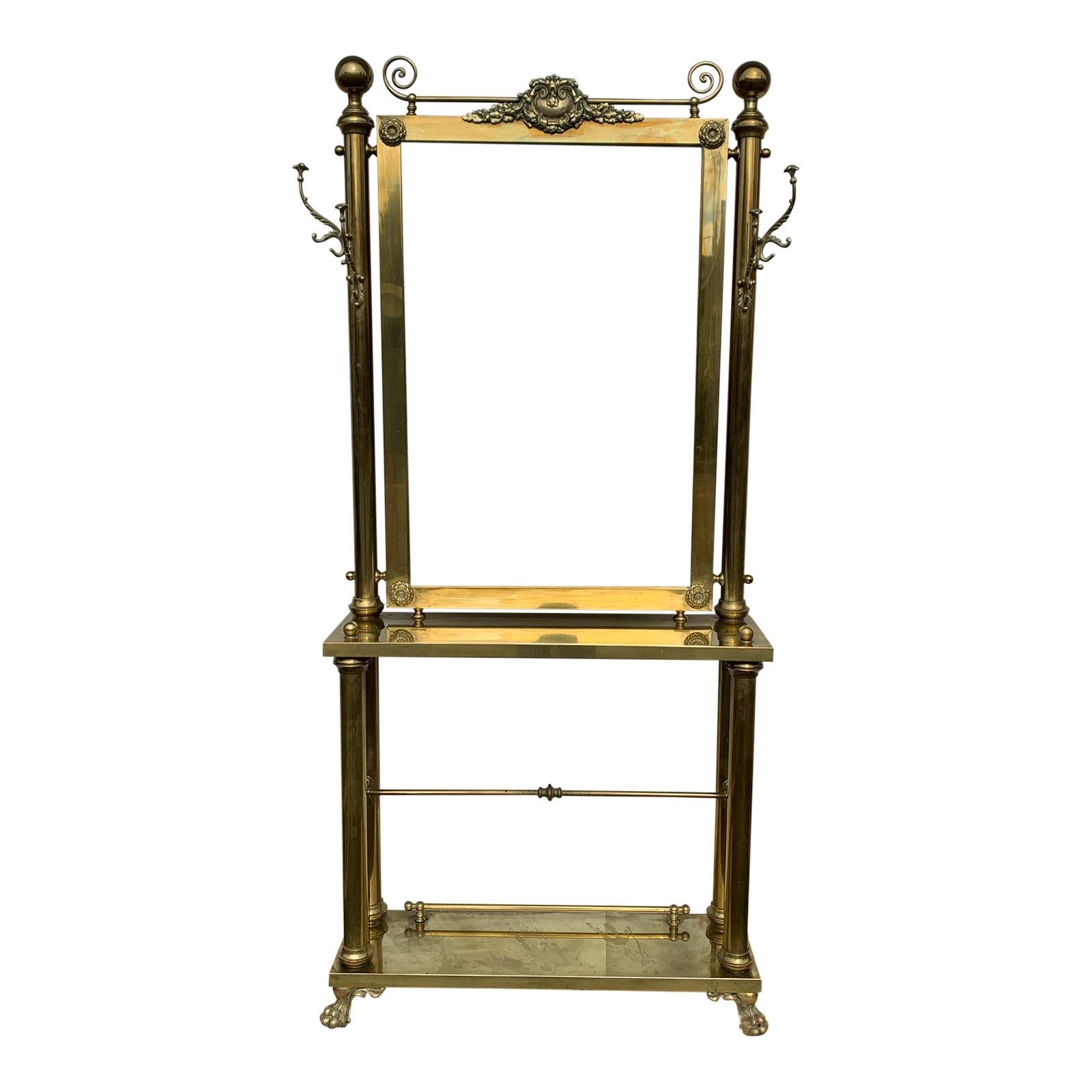 Victorian era brass hall tree / console table / mirror.