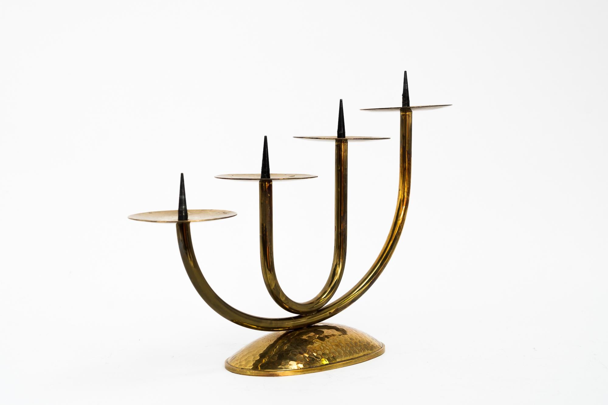 Mid-Century Modern Brass Hammered Candleholder for 4 Candles, circa 1950s For Sale