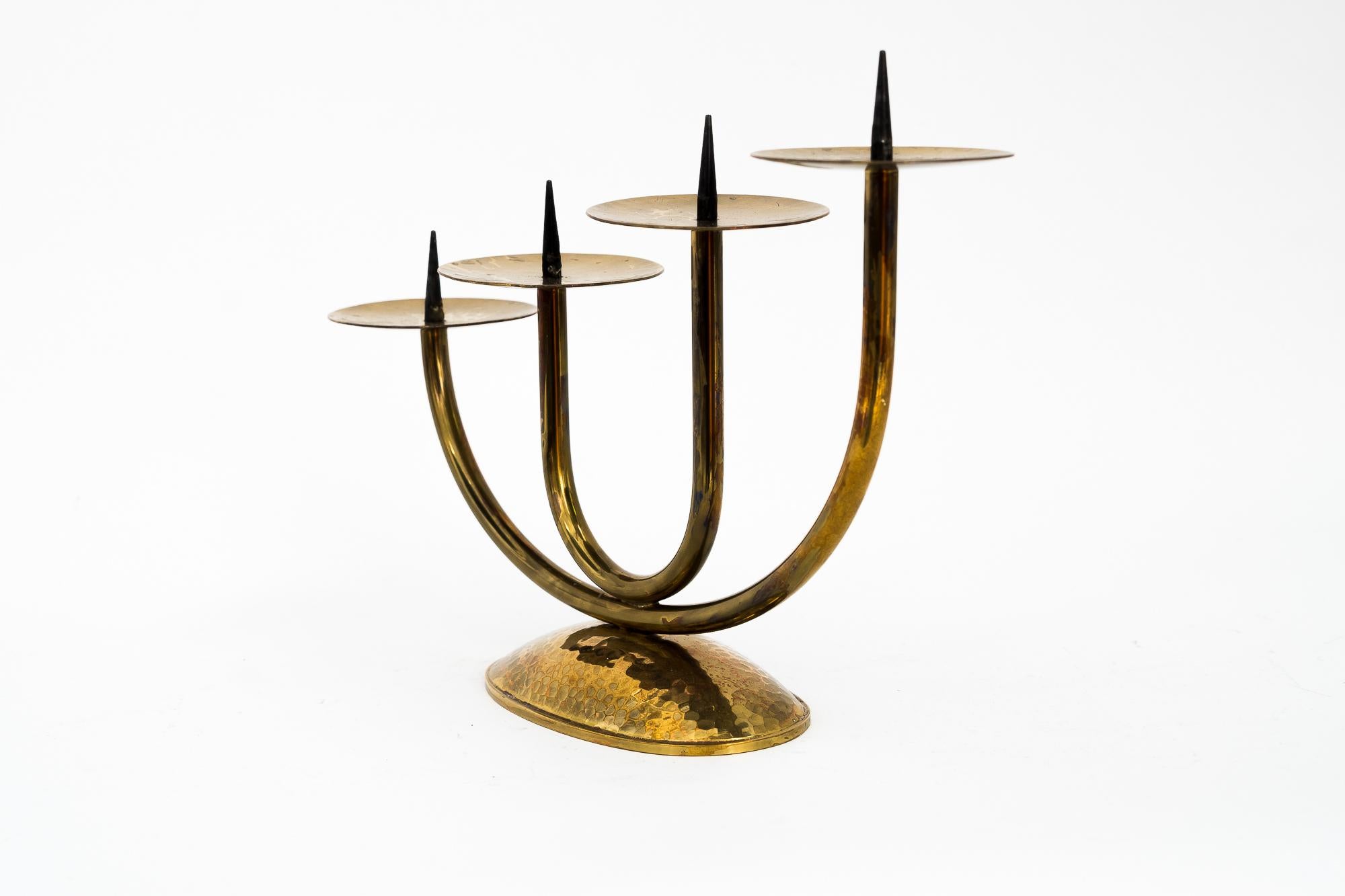 Brass Hammered Candleholder for 4 Candles, circa 1950s In Good Condition For Sale In Wien, AT