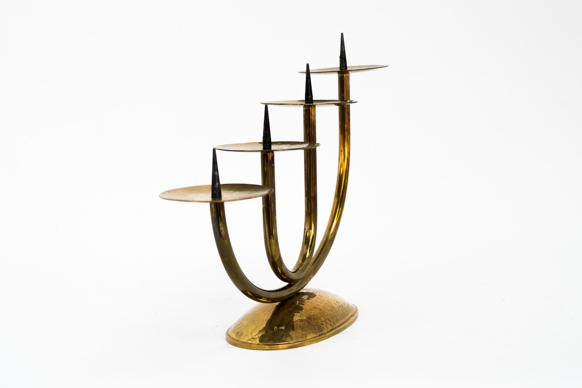 Mid-20th Century Brass Hammered Candleholder for 4 Candles, circa 1950s For Sale