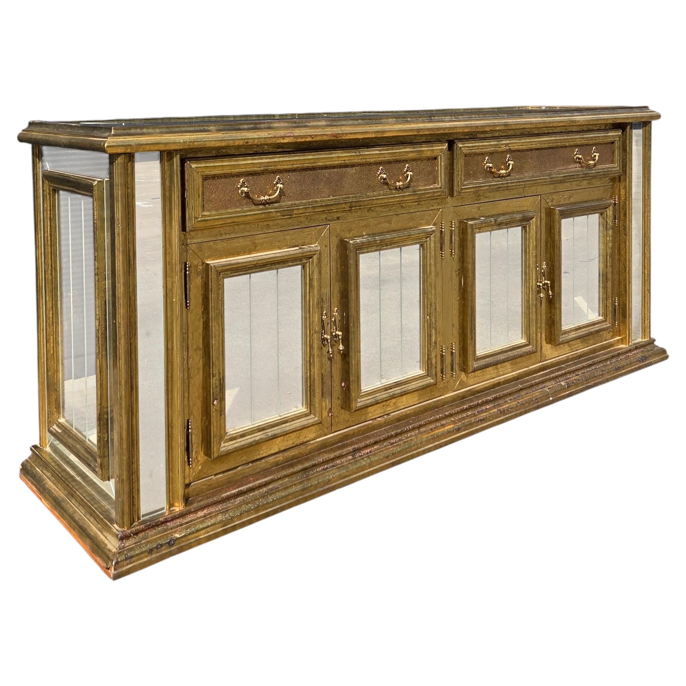 Brass Hammered Mirrored Vintage Regency Credenza, Spain 1960s For Sale